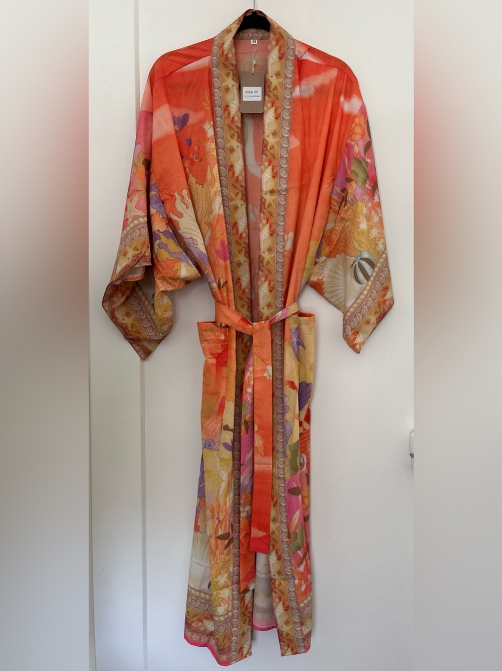 NEW BOHO Orange Floral Maxi Duster Kimono Jacket